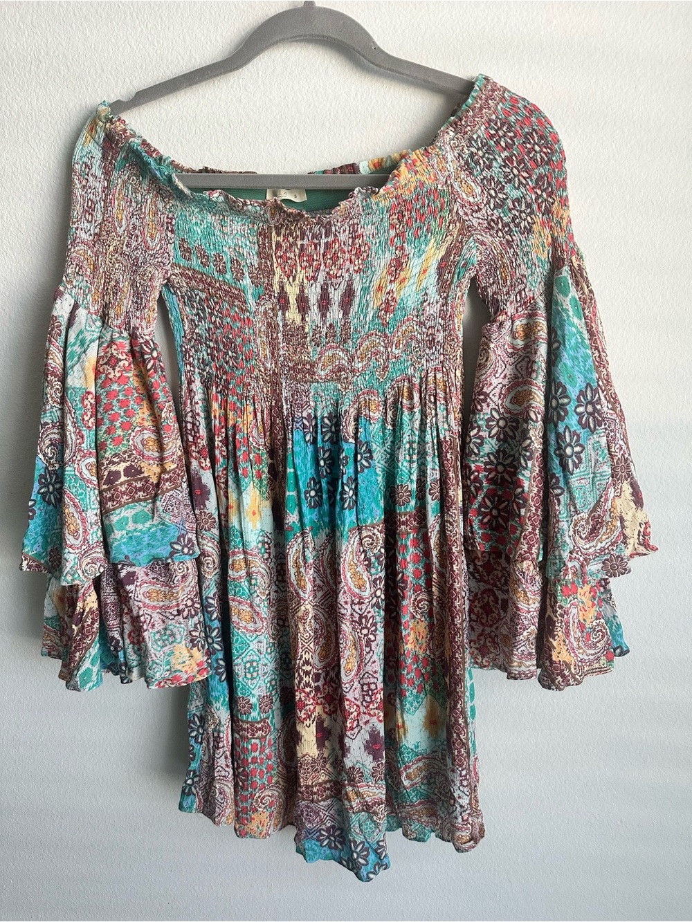 ILLA ILLA Teal & Rust Patchwork Off-Shoulder Dress